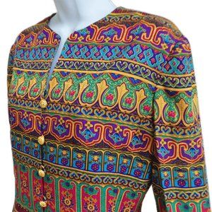SiLK Adrianna Papell Vibrant Rainbow Jacket Gold Button Front Lined Split Neck 6